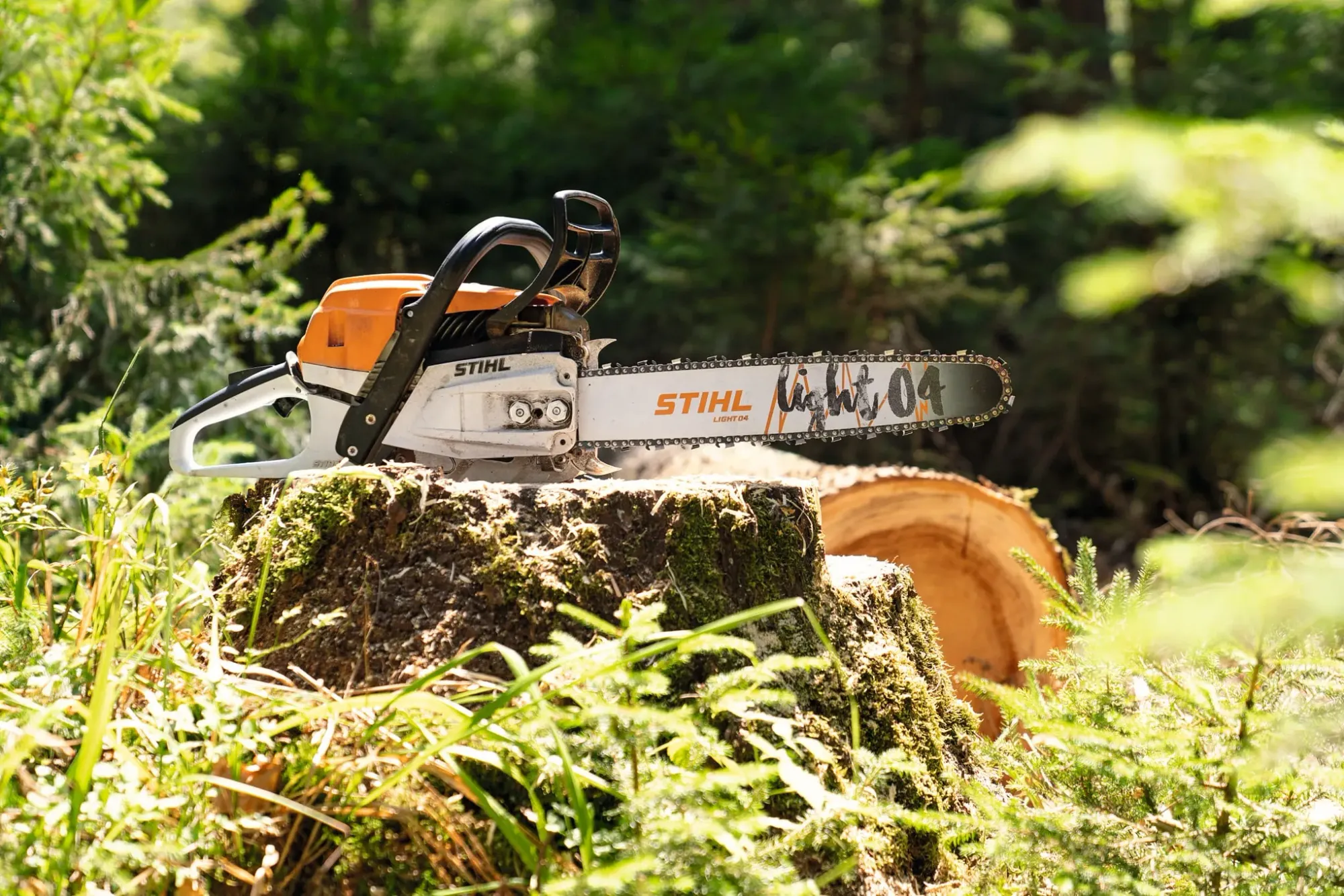 STIHL tools displayed in a certified workshop beside competing brands